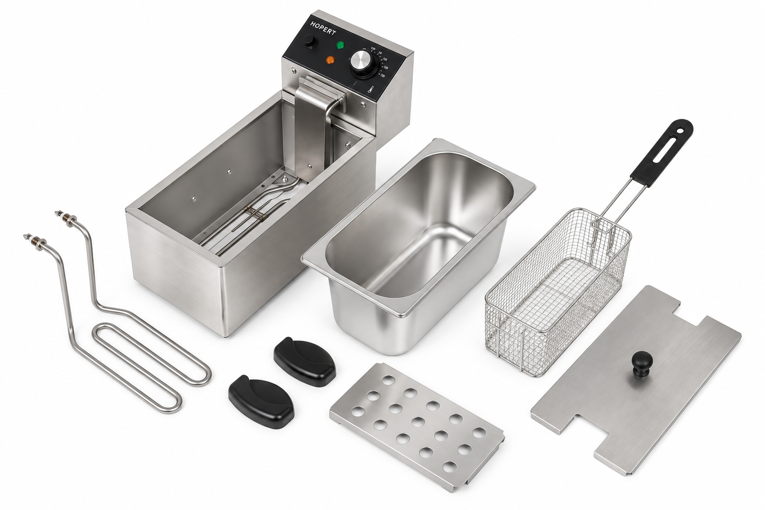 Комплектация Hopert PRO-DF-4L: аппарат, ванна, корзина, крышка, защитная вставка, ручки и запасной ТЭН