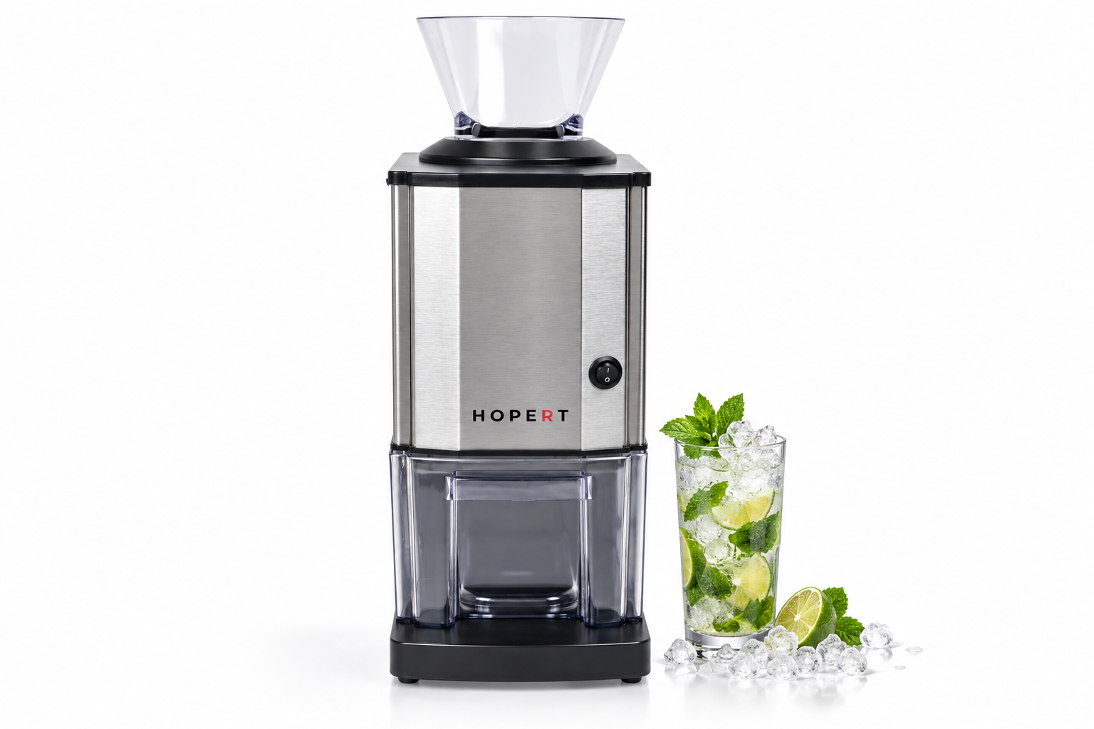 Измельчитель Hopert ICE-S073 рядом с мохито и дроблёным льдом