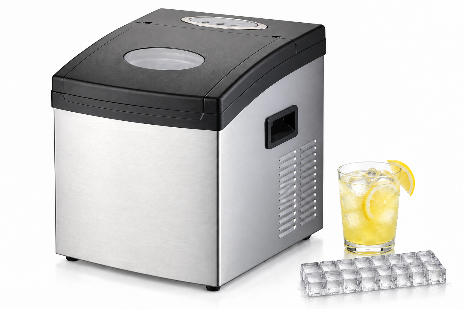 Льдогенератор Hopert ICE-IMZ15 Cube рядом с лимонадом и кубиками льда