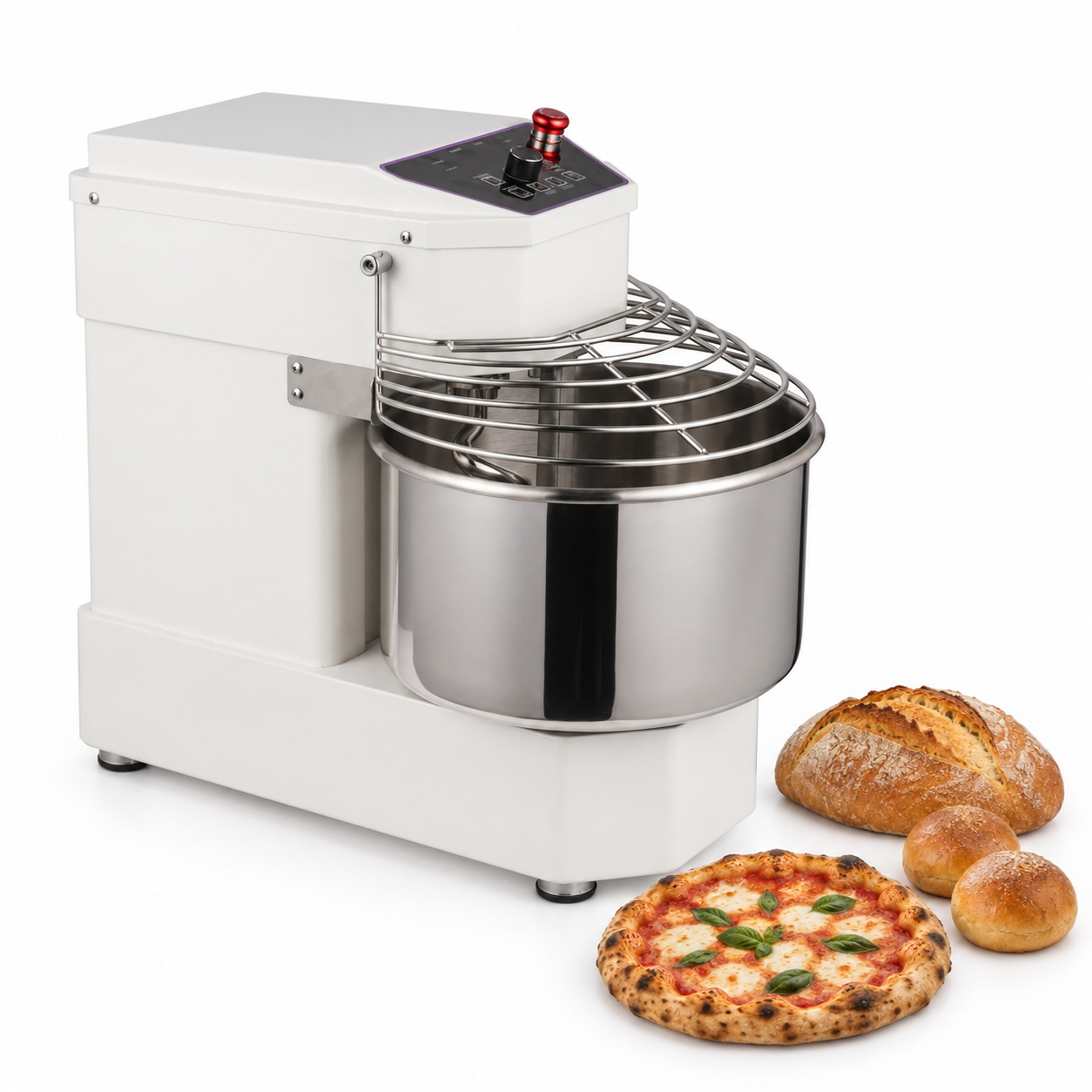 Спиральный тестомес Hopert PRO-SD-15D рядом с хлебом, пиццей и булочками