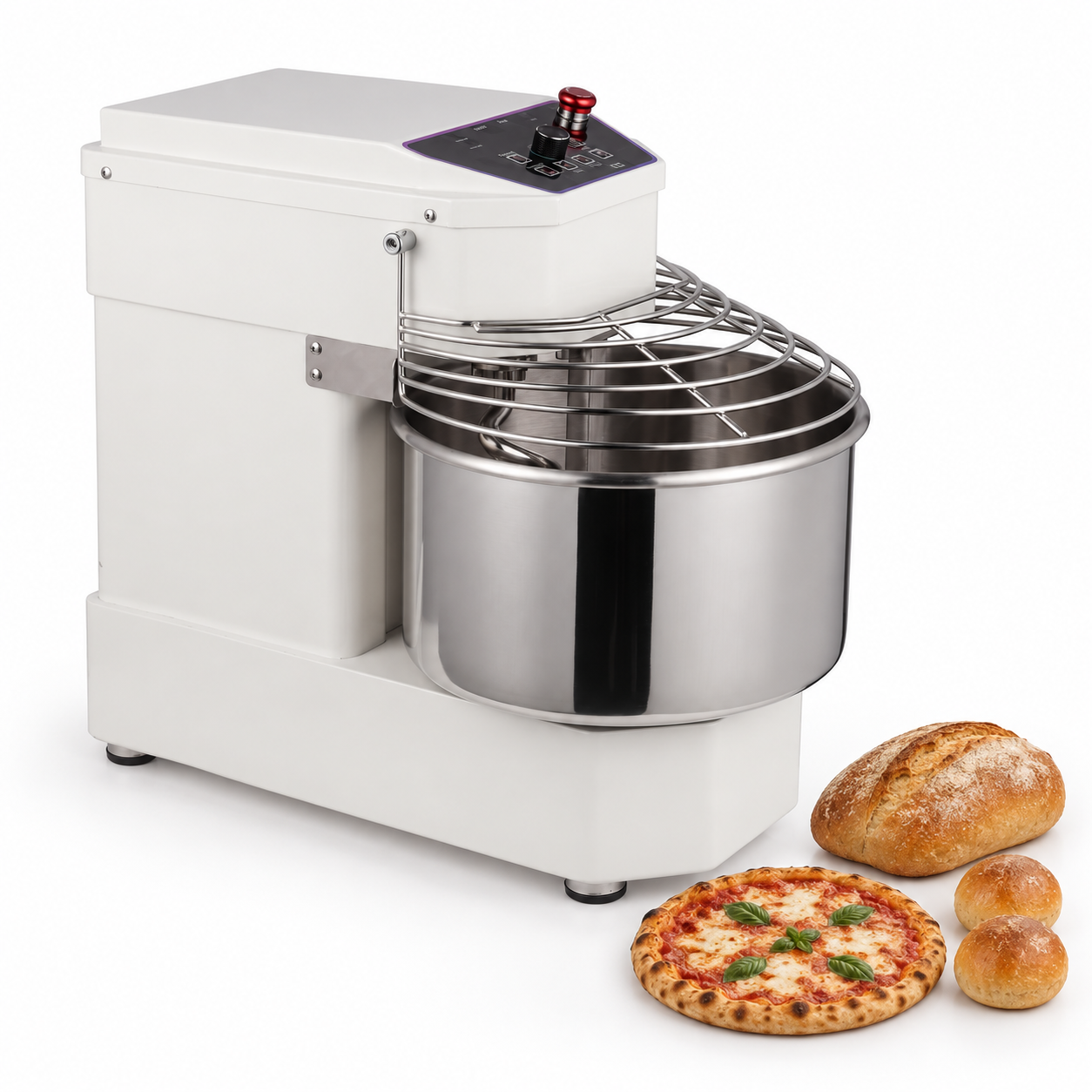 Спиральный тестомес Hopert PRO-SD-20E рядом с хлебом, пиццей и булочками