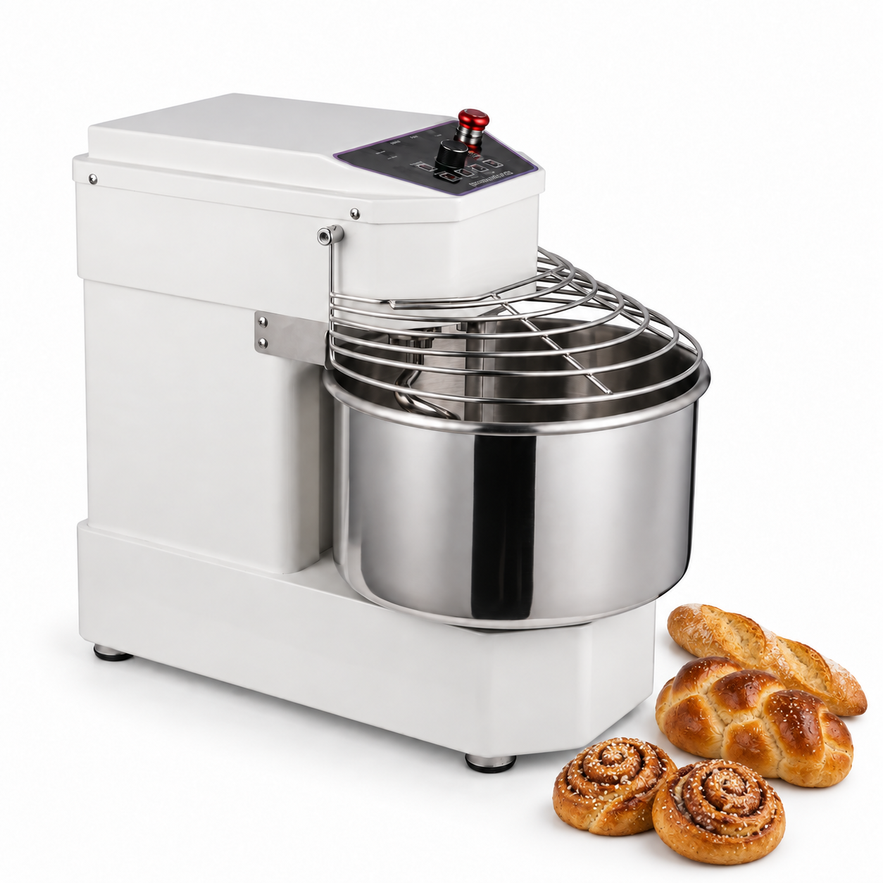 Спиральный тестомес Hopert PRO-SD-30E рядом с багетом, плетёнкой и булочками с корицей