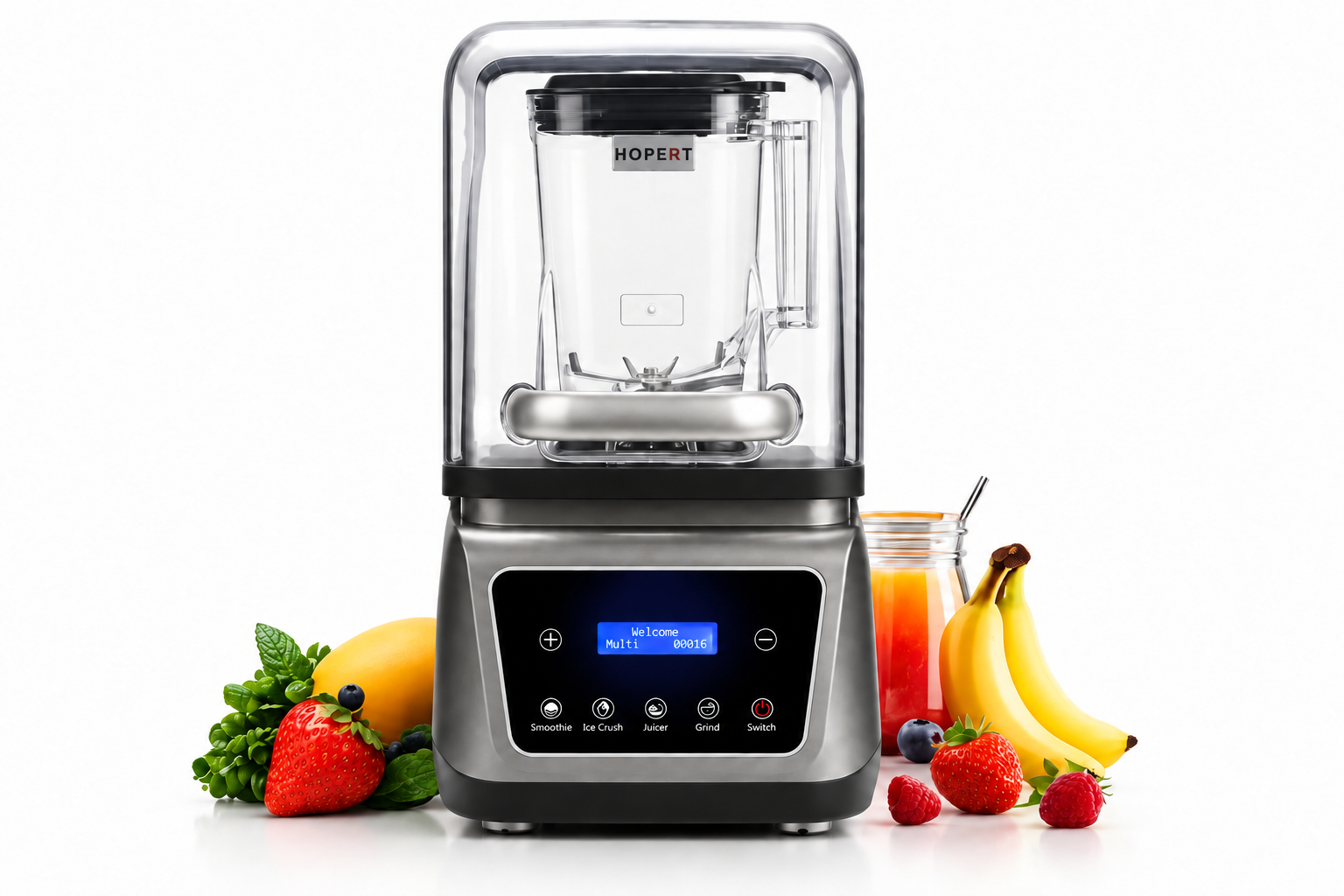 Блендер Hopert PRO SF-820 с шумоизоляционным кожухом рядом с фруктами и напитком